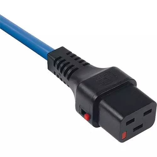 Black PVC electrical connector with a blue 1.5mm cable, featuring a locking mechanism and a red switch, designed for secure power connections.