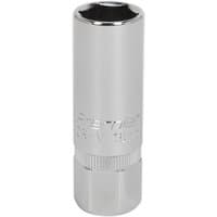 Silver Sealey 1/2" drive hexagon spark plug socket with engraved branding and knurled grip section.