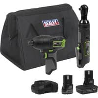 Sealey 10.8v cordless impact and ratchet wrench kit with black and green tools, charger, batteries, and carry bag.