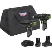 Sealey cordless combi drill and impact driver kit with black and green accents, charger, batteries, and black carry bag.