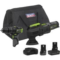 Sealey 10.8v cordless combi drill and multi tool kit with black and green accents, charger, batteries, and carry bag.