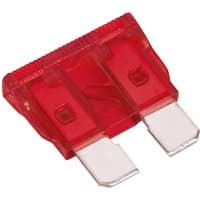 Red Sealey 10 Amp automotive blade fuse with transparent casing and two metal prongs.