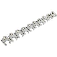 Sealey 10 Piece 3/8" Drive Crow Foot Spanner Set, silver, U-shaped heads, organized on a metal rail.
