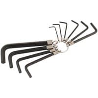 Black Sealey 10 Piece Hexagon Key Set on metal ring, various sizes, L-shaped design, silver connectors.