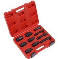 Red Sealey case with 10 black motorcycle flywheel pullers, various sizes, organized in foam insert.