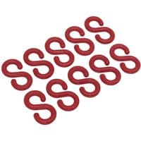 Red Sealey 10 Piece Plastic Chain S Hook Set, each hook shaped like an "S" with a smooth finish.