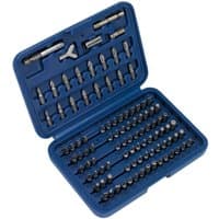 Blue Sealey 100 piece screwdriver bit set with various sizes and types of bits in a compact, organized case.