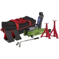 Hi-vis green trolley jack with low entry, short chassis, red accessories bag, red jack stands, and handle.