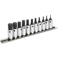 Sealey 11 piece hexagon socket bit set with silver sockets on a metal rail, featuring black hex bits.