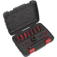 Sealey 12 Piece 3/4" Drive Impact Hex/Torx Socket Bit Set in black case with red latches and organized interior slots.