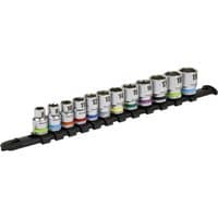 Sealey 12-piece 3/8" drive hexagon socket set, color-coded, silver sockets on black rail, various sizes.