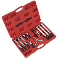 Red case with Sealey 12 Piece Bearing and Gear Puller Set, featuring silver pullers and black components.