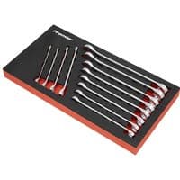 Sealey 12-piece metric spanner set, silver drop-forged wrenches in black and red foam organizer tray.