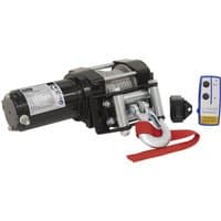 Black Sealey 12v ATV winch with red strap, silver hook, and remote control.