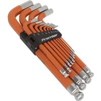 Orange Sealey 13 piece anti-slip jumbo ball end hex key set with black holder and silver tips.