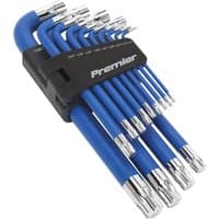 Blue Sealey 13 Piece Jumbo Torx Key Set with chrome tips and black holder, featuring various sizes neatly arranged.