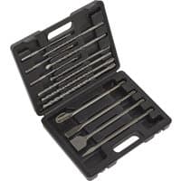 Sealey 13 Piece SDS Plus Drill Bit and Chisel Set in black plastic case with assorted silver bits and chisels.