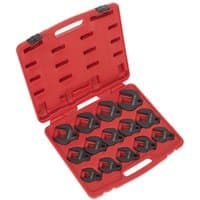 Red Sealey case with 14 black metric crow foot spanners, 1/2" drive, arranged in slots.