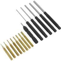 Sealey 14 piece set with black-handled pin punches and brass-colored centre punches in various sizes.