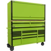 Green Sealey 15 Drawer Wooden Worktop Trolley and Hutch Combo with black trim and caster wheels.