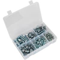 Sealey 150 Piece High Tensile Set Screw Assortment in a clear plastic organizer with multiple compartments.