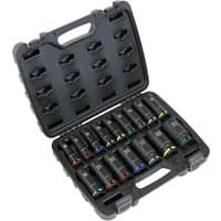 Sealey 16 piece deep hexagon impact socket set, color-coded, in a black plastic carrying case with handle.
