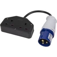 Black Sealey trailing twin socket with ribbed surface and blue 2P+E plug on a short black cable.