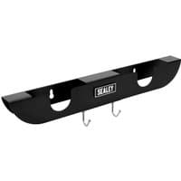 Black Sealey 2 Bay Wall Mount Angle Grinder Storage Rack with two slots and hooks for hanging tools.