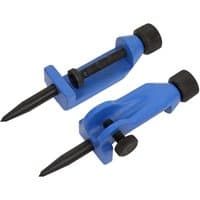 Blue Sealey trammel point set with black adjustable screws and pointed tips for precise measuring and marking.