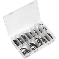 Clear plastic case with 200 black internal and external circlips in assorted sizes, organized in compartments.