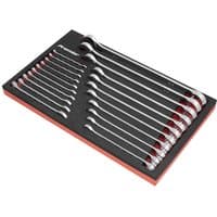 Sealey 21 piece combination spanner set in black foam tray, featuring polished chrome wrenches in various sizes.
