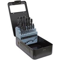Sealey 25 Piece HSS Drill Bit Set in a black metal case with organized rows of various sized silver drill bits.