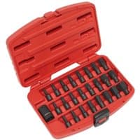 Red Sealey 25-piece impact socket bit set in a red case, featuring Torx, Hex, and Spline bits neatly organized.