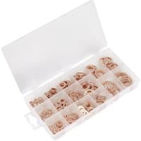 Clear plastic box with assorted copper sealing washers in various sizes, organized in compartments.