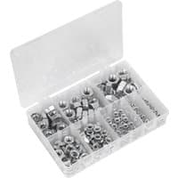 Clear plastic box with assorted steel metric nuts in various sizes and compartments.