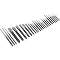 Sealey 26 Piece Punch and Chisel Set with black handles and silver tips, arranged in a line.