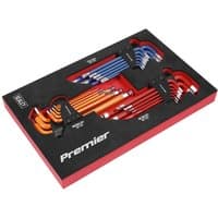 "Sealey 27 Piece Hex Key Set in black foam tray, featuring orange, red, and blue hex keys with labeled slots"