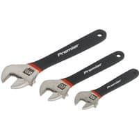 Sealey 3 Piece Adjustable Spanner Set with black handles and silver jaws, featuring size markings on the jaws.