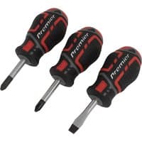 Black and red Sealey GripMAX stubby screwdriver set with ergonomic handles and three different tips.
