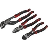 Sealey 3 Piece High Leverage Pliers Set with red and black ergonomic handles and polished steel jaws.