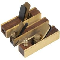 Sealey 3 Piece Mini Plane Set with brass and wood finish, includes block, bullnose, and scraper planes.
