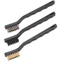 Black-handled mini hand brush set with three brushes: steel, nylon, and brass bristles.