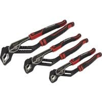Sealey 3 Piece Waterpump Pliers Set with black and red rubber grips and adjustable jaws in three different sizes.