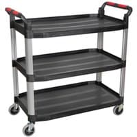Black Sealey 3 Shelf Composite Workshop Trolley with red handle grips and four swivel caster wheels.