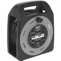 Black and gray Sealey 3 Socket Cable Extension Reel Box with handle and circular design, featuring three sockets and a power switch.