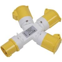 Yellow and white Sealey 3 Way Cable Socket Adaptor with three outlets, CE marked, for 110v electrical connections.