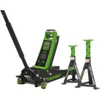 Green and black Sealey trolley jack with long handle, paired with two green and black axle stands, 3 tonne capacity each.