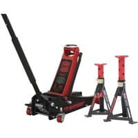 Red and black Sealey trolley jack with long handle and two matching axle stands, each with a 3-ton capacity.