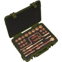 Sealey 32 Piece 1/2" Drive Non Sparking Socket Set in a green protective case with foam insert and copper-colored tools.