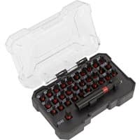 Sealey 32 piece impact grade screwdriver bit set in black case with clear lid, featuring various bit sizes and a red-accented holder.